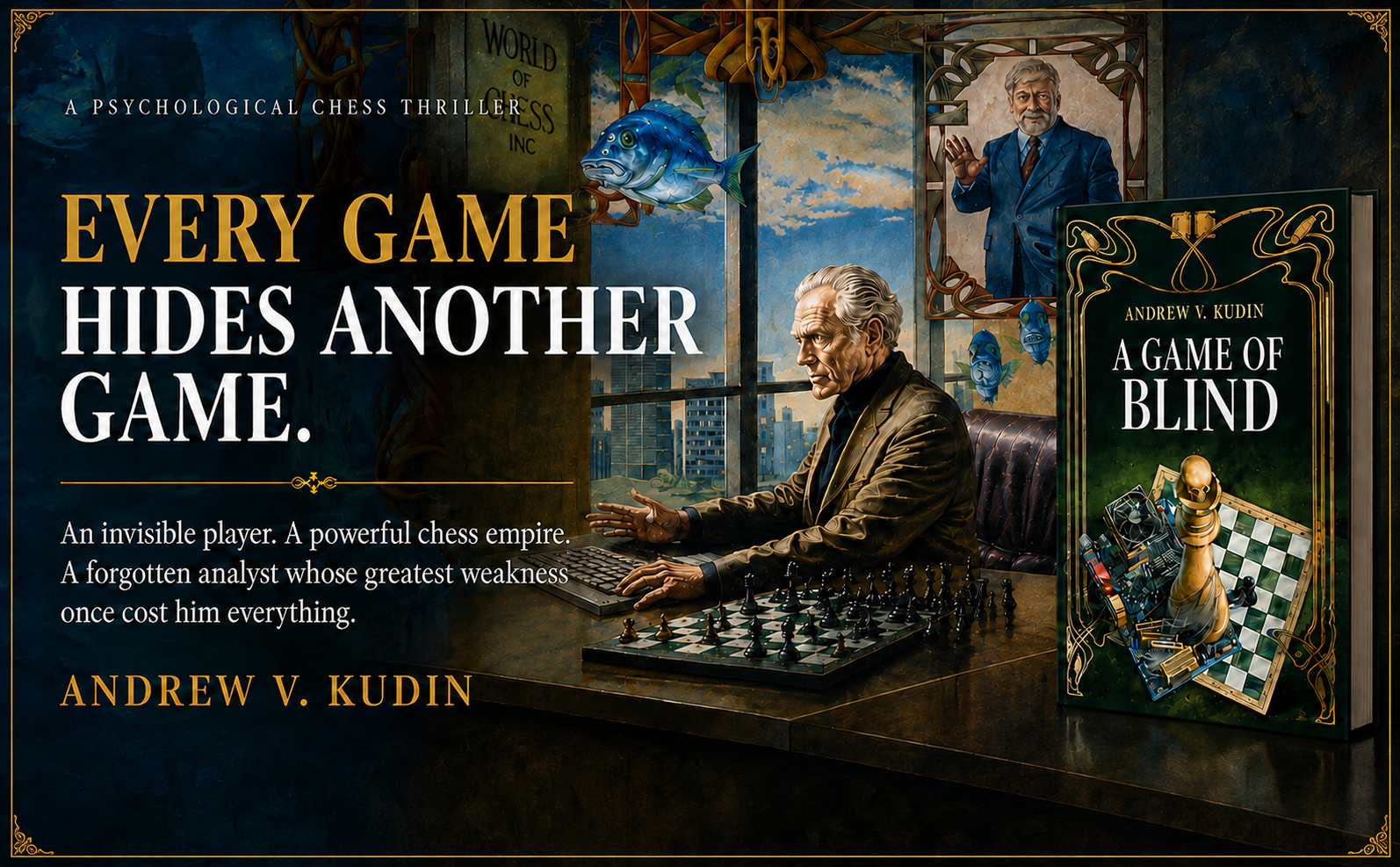 Promotional image for A Game of Blind by Andrew V. Kudin featuring the line “Every Game Hides Another Game.”