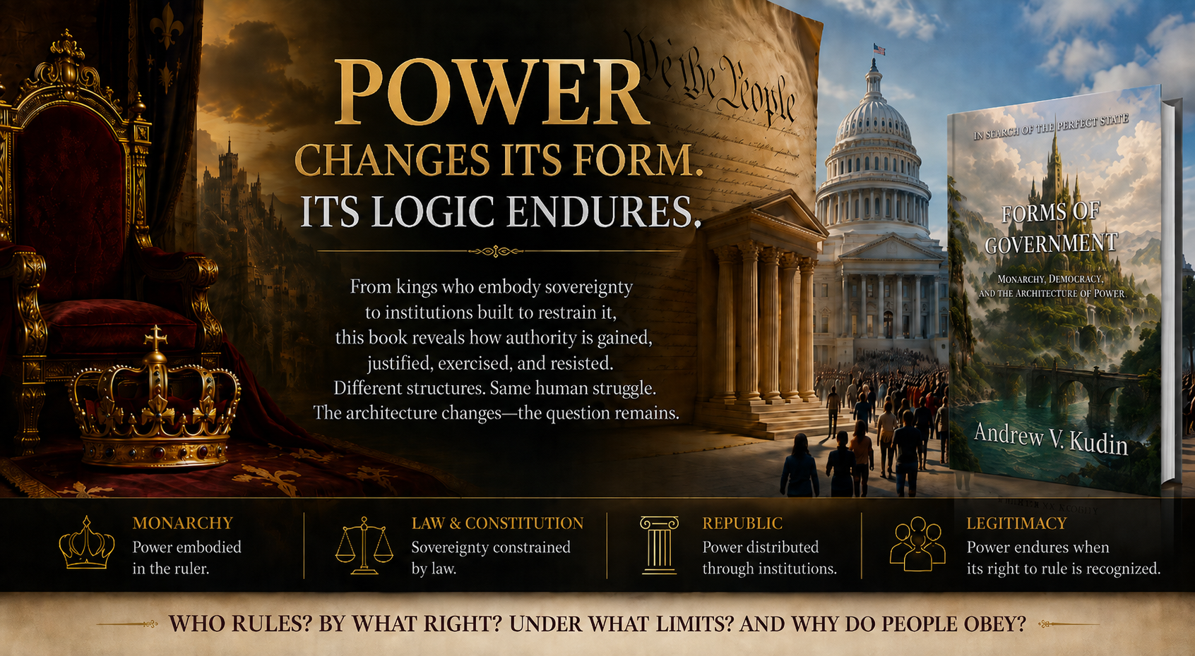 Promotional image for Forms of Government: Monarchy, Democracy, and the Architecture of Power by Andrew V. Kudin