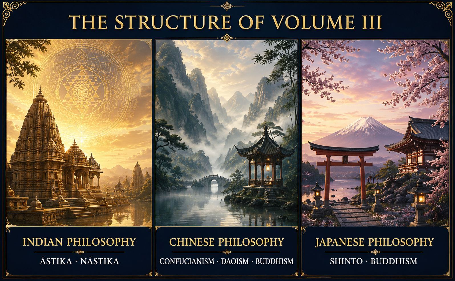 Structure of Volume III of The Secret Codes of the Mind: Eastern Philosophy, showing Indian, Chinese, and Japanese philosophical traditions.
