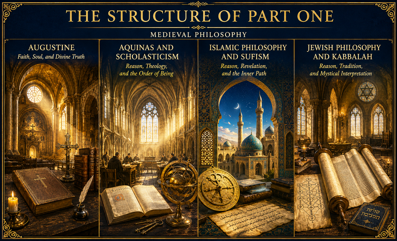 Structure of Volume IV, Part One of The Secret Codes of the Mind: From Medieval Philosophy to the Enlightenment, showing Augustine, Aquinas and Scholasticism, Islamic Philosophy and Sufism, and Jewish Philosophy and Kabbalah.