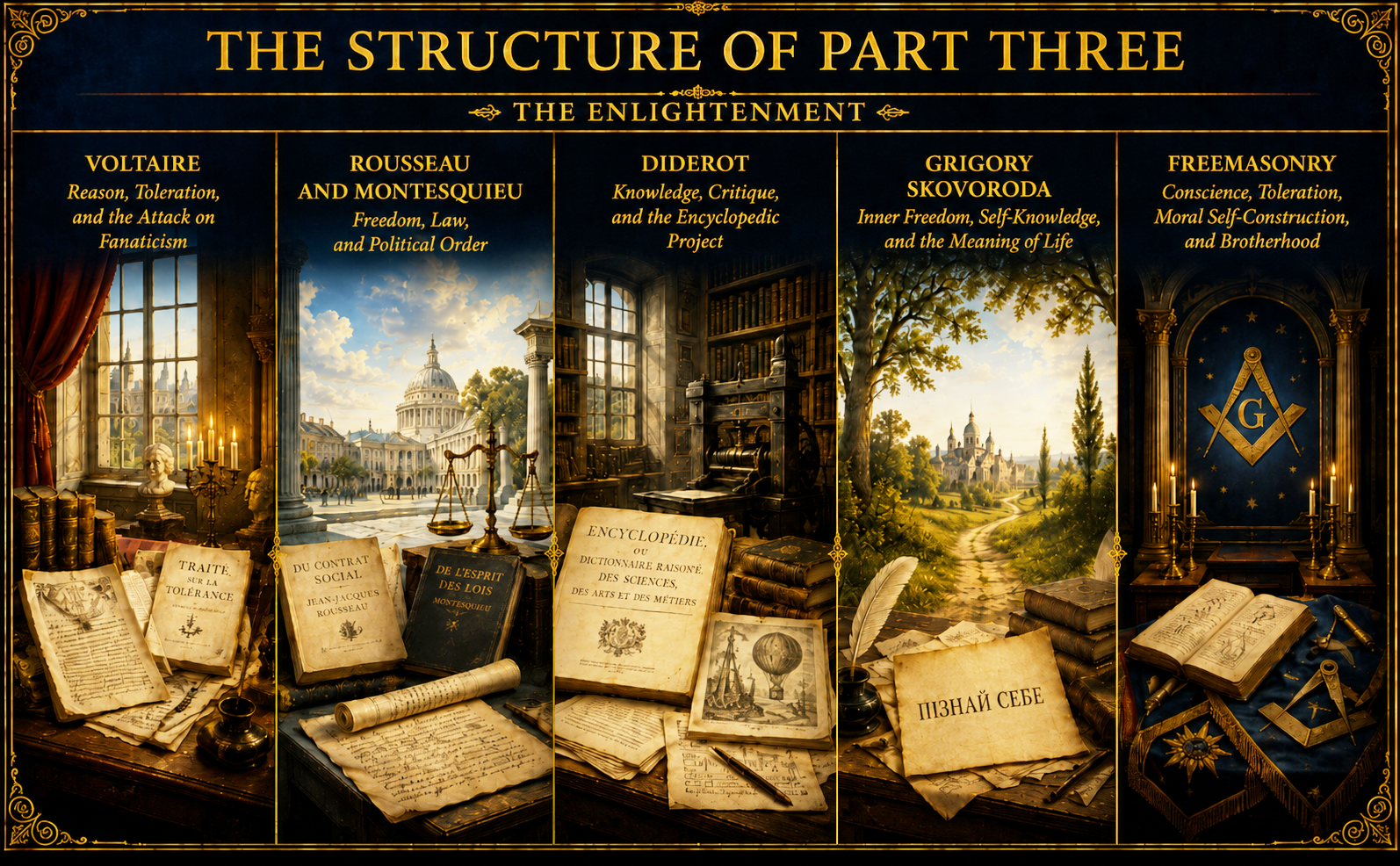 Structure of Volume IV, Part Three of The Secret Codes of the Mind: From Medieval Philosophy to the Enlightenment, showing Voltaire, Rousseau and Montesquieu, Diderot, Gregory Skovoroda, and Freemasonry.