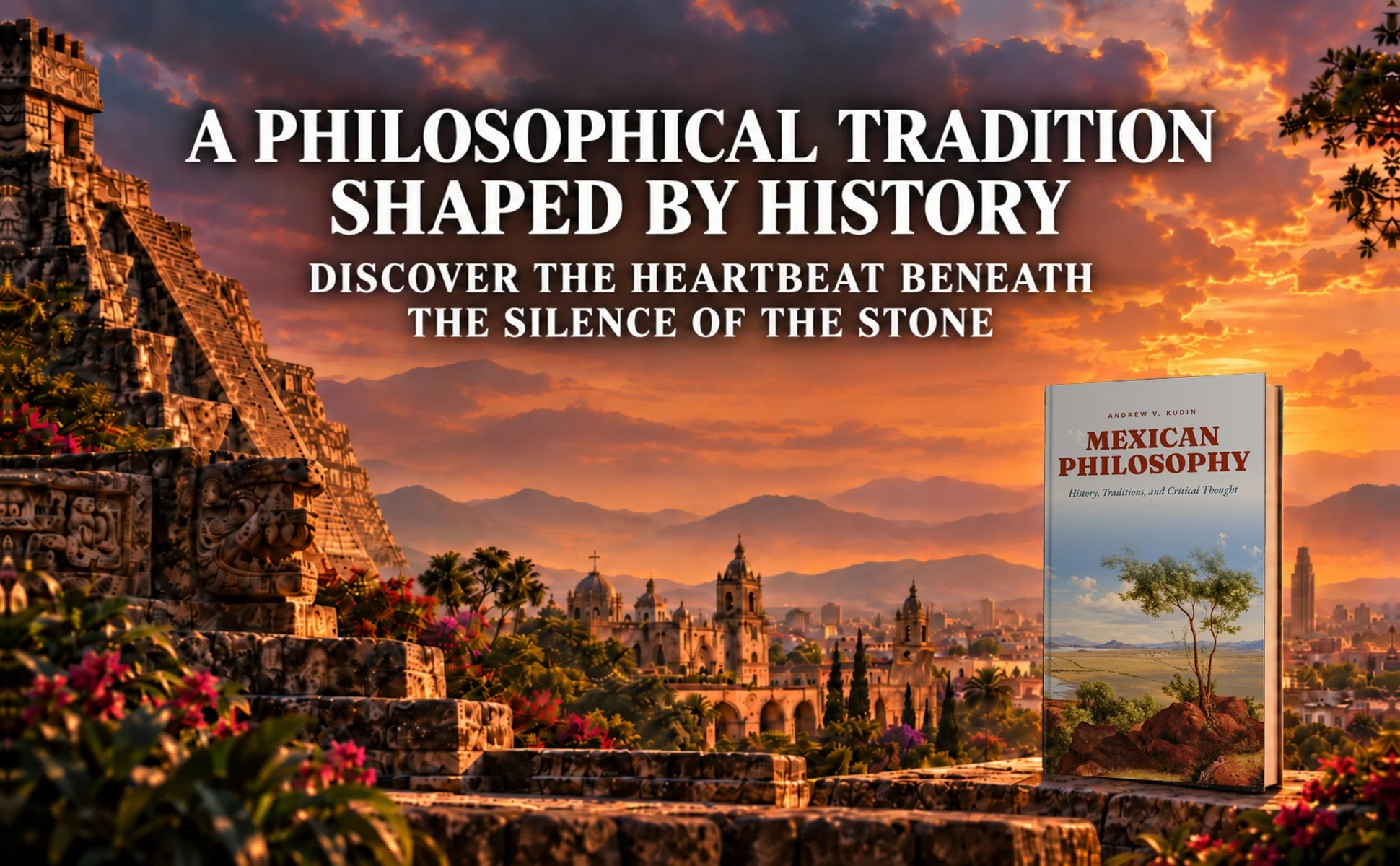 Book display of Mexican Philosophy with ancient Mesoamerican pyramids and historic landscape at sunset