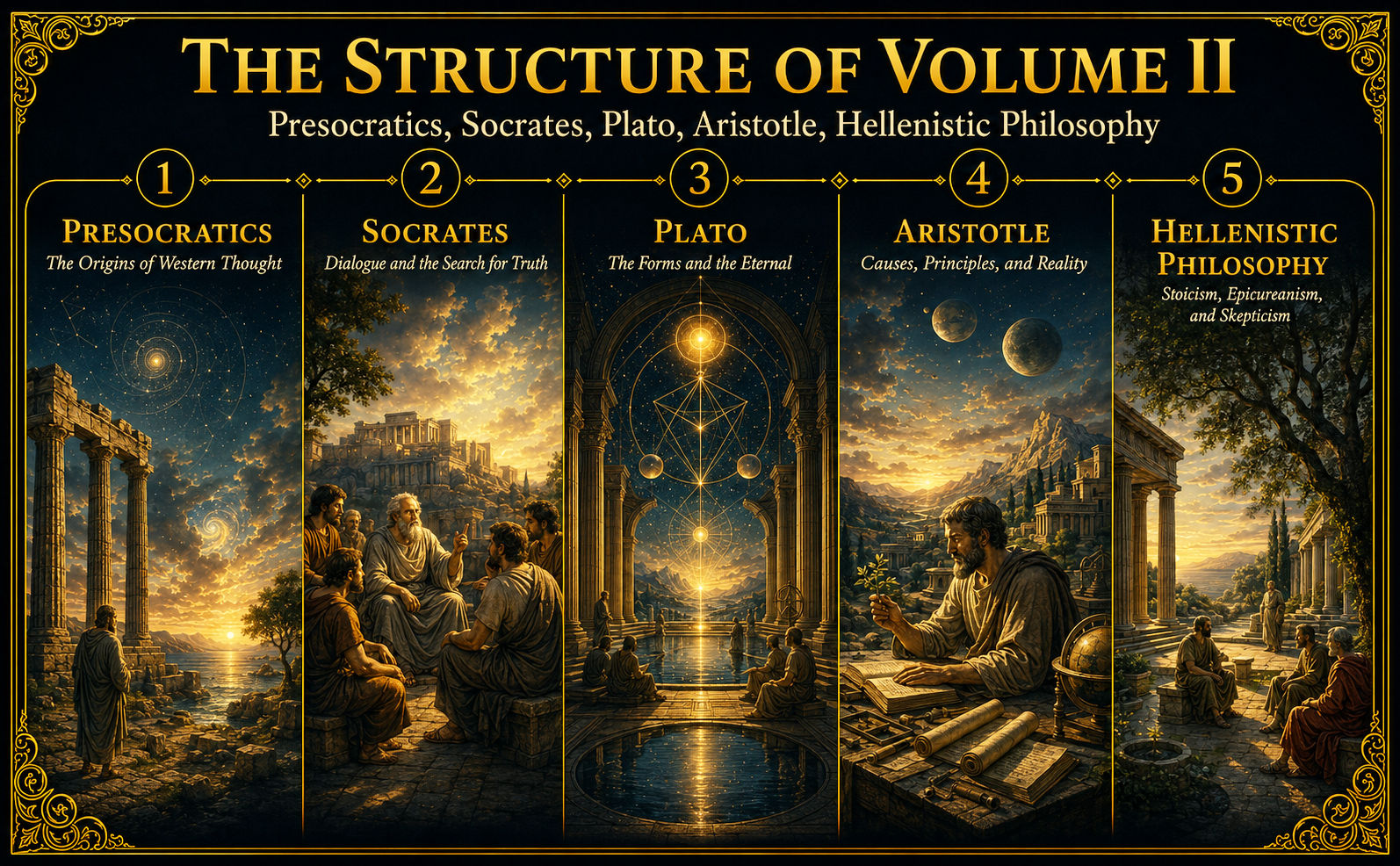 Structure of Volume II of The Secret Codes of the Mind: Ancient Greek Philosophy, showing Presocratics, Socrates, Plato, Aristotle, and Hellenistic Philosophy.