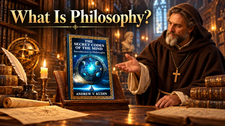 Medieval scholar in a candlelit study with text: "What Is Philosophy?"