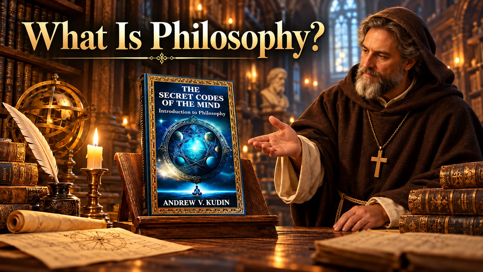 Medieval scholar in a candlelit study with text: "What Is Philosophy?"