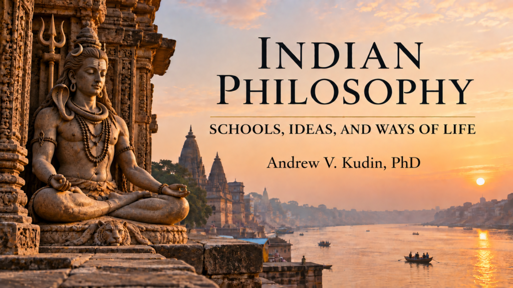 Title slide for the guest lecture Indian Philosophy: Schools, Ideas, and Ways of Life by Andrew V. Kudin, PhD.